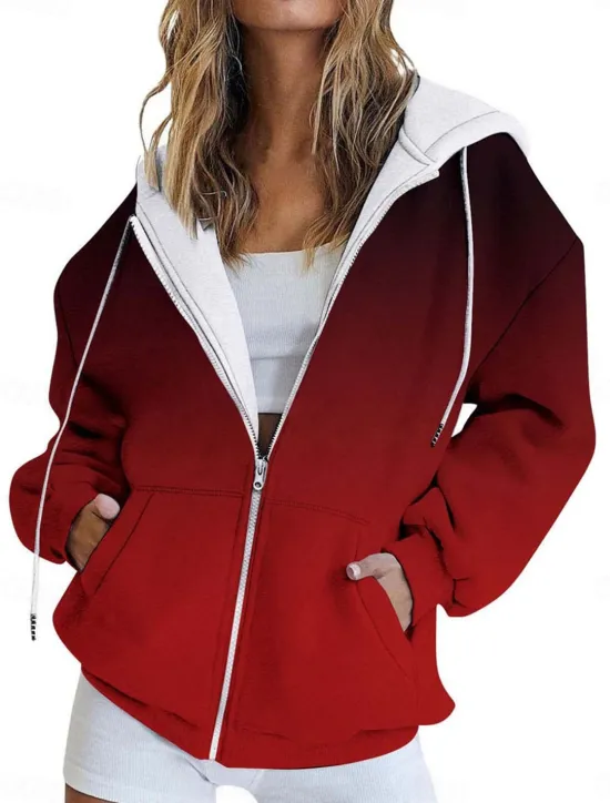 Online Women's Hoodie Jacket Outdoor Street Daily Wear Fall Winter Regular Coat Regular Fit Thermal Warm Breathable Stylish Casual Jacket Long Sleeve Color Gradient Stripes and Plaid with Pockets Full Zip Women Jackets