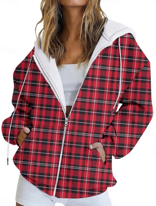 Online Women's Hoodie Jacket Outdoor Street Daily Wear Fall Winter Regular Coat Regular Fit Thermal Warm Breathable Stylish Casual Jacket Long Sleeve Color Gradient Stripes and Plaid with Pockets Full Zip Women Jackets