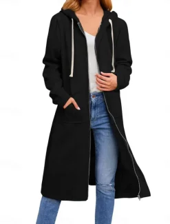 Women's Hoodie Jacket Outdoor Street Daily Wear Fall Winter Long Coat Regular Fit Thermal Warm Breathable Casual Jacket Long Sleeve Solid Color with Pockets Full Zip Black Navy Blue Coffee Women Coats & Trench Coats