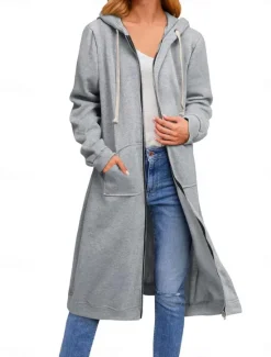 Women's Hoodie Jacket Outdoor Street Daily Wear Fall Winter Long Coat Regular Fit Thermal Warm Breathable Casual Jacket Long Sleeve Solid Color with Pockets Full Zip Black Navy Blue Coffee Women Coats & Trench Coats