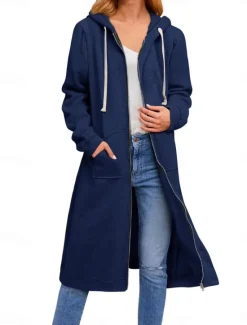 Women's Hoodie Jacket Outdoor Street Daily Wear Fall Winter Long Coat Regular Fit Thermal Warm Breathable Casual Jacket Long Sleeve Solid Color with Pockets Full Zip Black Navy Blue Coffee Women Coats & Trench Coats