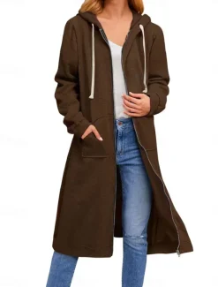 Women's Hoodie Jacket Outdoor Street Daily Wear Fall Winter Long Coat Regular Fit Thermal Warm Breathable Casual Jacket Long Sleeve Solid Color with Pockets Full Zip Black Navy Blue Coffee Women Coats & Trench Coats