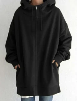 New Women's Hoodie Jacket Warm Breathable Zipper Pocket Casual Plain Vacation Street Daily Wear Going out Zipper Long Hoodie Regular Fit Long Sleeve Outerwear Black Red Khaki Fall Winter Women Jackets