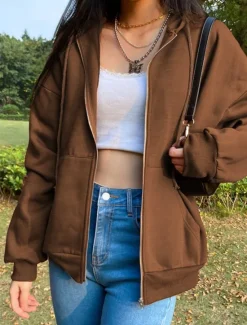 Best Women's Hoodie Jacket Windproof Warm Patchwork Pocket Outdoor Casual Solid Color Outdoor Street Regular Hoodie Regular Fit Long Sleeve Outerwear Brown Green Gray Fall Winter Women Jackets