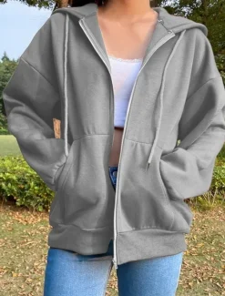 Best Women's Hoodie Jacket Windproof Warm Patchwork Pocket Outdoor Casual Solid Color Outdoor Street Regular Hoodie Regular Fit Long Sleeve Outerwear Brown Green Gray Fall Winter Women Jackets