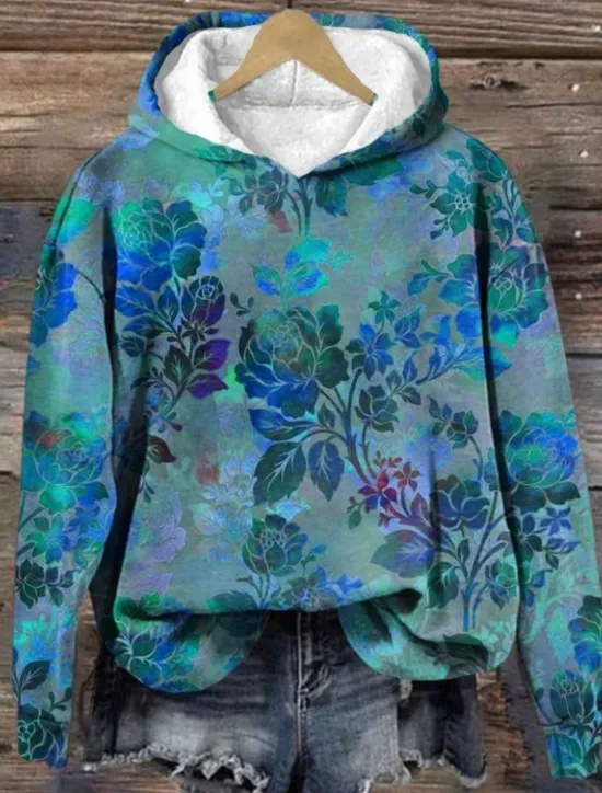 Women's Hoodie Pullover Sweatshirt Oversized Long Sleeve Casual Graphic Floral Warm Vintage Hooded Regular Tops Street Dailywear Print Red Blue Green Spring Fall Winter Women Hoodies & Sweatshirts