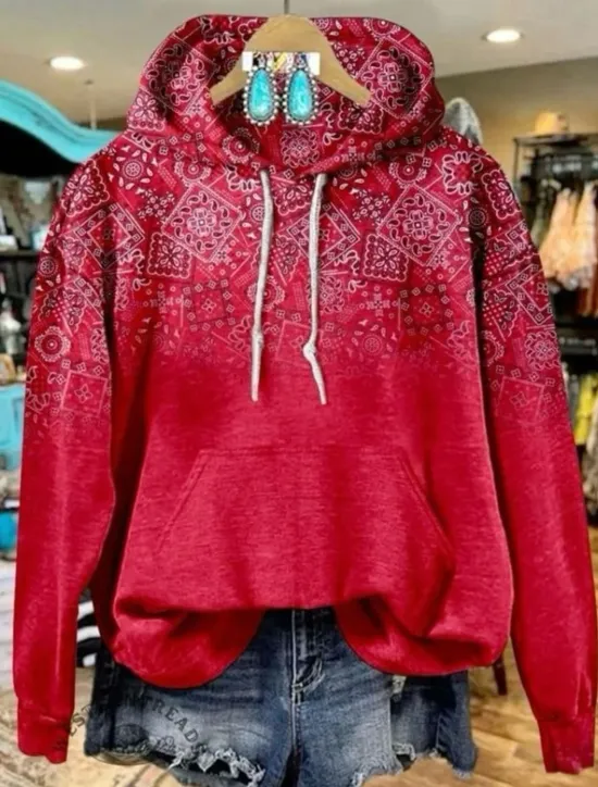 New Women's Hoodie Pullover Sweatshirt Oversized Long Sleeve Casual Graphic Vintage Fashion Western Hooded Tops Street Dailywear Holiday Print Front Pocket White Yellow Dark Pink Red Brown Fall Winter Women Hoodies & Sweatshirts