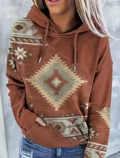 Outlet Women's Hoodie Sweatshirt Pullover Geometric Vintage Ethnic Street Casual Front Pocket Vintage Ethnic Neon & Bright Hoodie Long Sleeve Top Micro-elastic Fall & Winter Comfrt Breathable Soft Fabric Women Hoodies & Sweatshirts