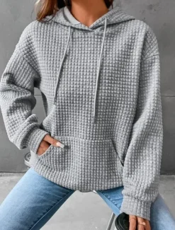 Sale Women's Hoodie Sweatshirt Pullover Casual Texture Sweatshirt Waffle Sweatshirt Plain Dailywear Hooded Front Pocket Long Sleeve Black White Pink Gray Fall & Winter Women Hoodies & Sweatshirts