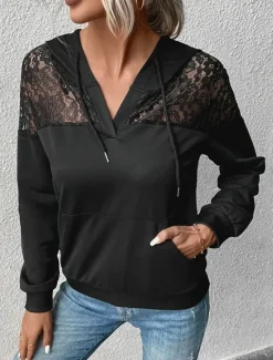 Discount Women's Hoodie Sweatshirt Casual Plain Street Dailywear Hoodie Patchwork Pocket Long Sleeve Fall Women Lace Tops