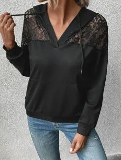 Discount Women's Hoodie Sweatshirt Casual Plain Street Dailywear Hoodie Patchwork Pocket Long Sleeve Fall Women Lace Tops