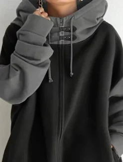 Discount Women's Hoodie Sweatshirt Casual Plain Street Dailywear Hoodie Patchwork Zipper Pocket Long Sleeve Black Coffee Fall Winter Women Hoodies & Sweatshirts