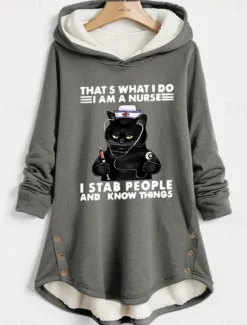 Women's Hoodie Sweatshirt Pullover Fleece Lined Warm Pajamas Cat Letter Casual Sports Print Sportswear Funny Comfrt Loose Fit Long Sleeve Top Micro-elastic Comfrt Breathable Soft Fabric Women Hoodies & Sweatshirts