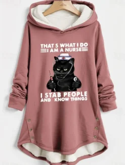Women's Hoodie Sweatshirt Pullover Fleece Lined Warm Pajamas Cat Letter Casual Sports Print Sportswear Funny Comfrt Loose Fit Long Sleeve Top Micro-elastic Comfrt Breathable Soft Fabric Women Hoodies & Sweatshirts