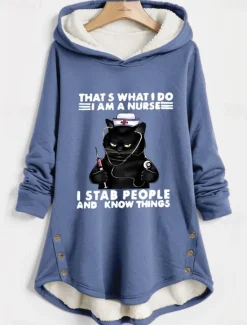 Women's Hoodie Sweatshirt Pullover Fleece Lined Warm Pajamas Cat Letter Casual Sports Print Sportswear Funny Comfrt Loose Fit Long Sleeve Top Micro-elastic Comfrt Breathable Soft Fabric Women Hoodies & Sweatshirts