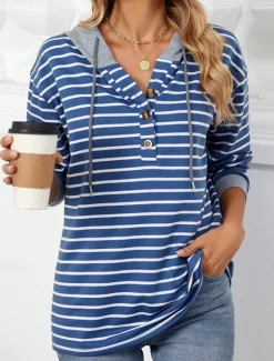 Online Women's Hoodie Sweatshirt Casual Striped Street Dailywear Hoodie Buttons Print Long Sleeve Navy Blue Green Fall Winter Women Hoodies & Sweatshirts
