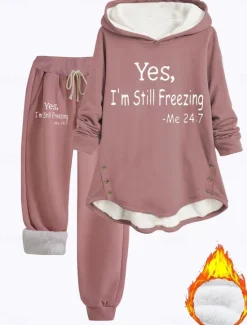 Women's Hoodie Sweatshirt Pullover Fleece Lined Warm Pajamas Hoodie Daily Long Sleeve Hooded Letter Drawstring Print Casual Black Dark Pink Red Fall Regular Fit Women Hoodies & Sweatshirts|Two Piece Sets