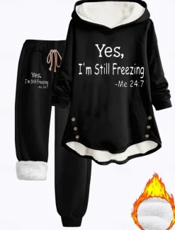 Women's Hoodie Sweatshirt Pullover Fleece Lined Warm Pajamas Hoodie Daily Long Sleeve Hooded Letter Drawstring Print Casual Black Dark Pink Red Fall Regular Fit Women Hoodies & Sweatshirts|Two Piece Sets