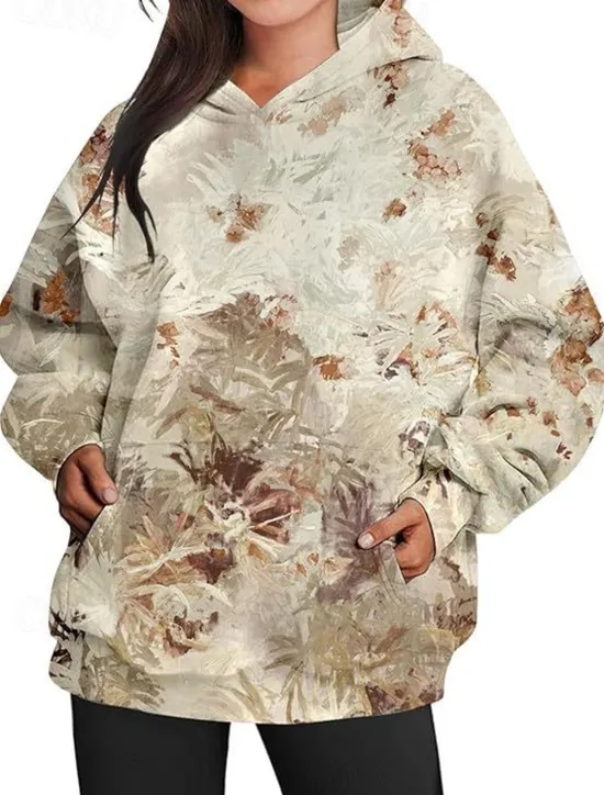 Women's Hoodie Sweatshirt Pullover Active Sportswear Graphic Casual Sports Hooded Print Front Pocket Long Sleeve Yellow Orange Brown Khaki Dark Gray Fall & Winter Women Hoodies & Sweatshirts