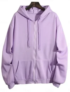 Hot Women's Hoodie Sweatshirt Casual Street Dailywear Hoodie Zip Up Front Pocket Long Sleeve Pink Purple Beige Fall Winter Women Jackets