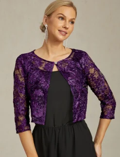 Women's Jacket Blazer Lace Embroidered Sequin Open Front Elegant Floral Formal Anniversary Party Wedding Guest Open Front Short Crewneck Regular Fit 3/4 Length Sleeve Outerwear Women Blazers & Suits