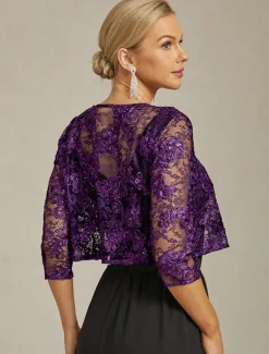 Women's Jacket Blazer Lace Embroidered Sequin Open Front Elegant Floral Formal Anniversary Party Wedding Guest Open Front Short Crewneck Regular Fit 3/4 Length Sleeve Outerwear Women Blazers & Suits