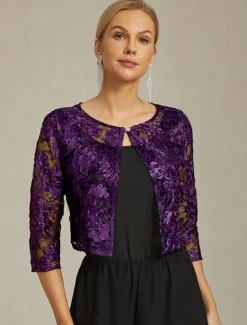 Women's Jacket Blazer Lace Embroidered Sequin Open Front Elegant Floral Formal Anniversary Party Wedding Guest Open Front Short Crewneck Regular Fit 3/4 Length Sleeve Outerwear Women Blazers & Suits