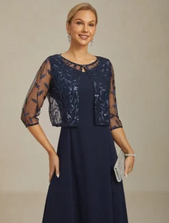 Online Women's Jacket Blazer Lace Embroidered Sequin Elegant Floral Formal Anniversary Party Wedding Guest Open Front Short Crewneck Regular Fit 3/4 Length Sleeve Outerwear Spring Fall Women Blazers & Suits