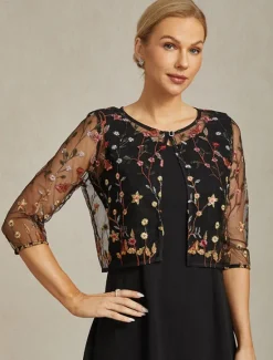 Discount Women's Jacket Blazer Lace Embroidered Elegant Floral Formal Anniversary Party Wedding Guest Open Front Short Crewneck Regular Fit 3/4 Length Sleeve Outerwear Summer Spring Women Blazers & Suits