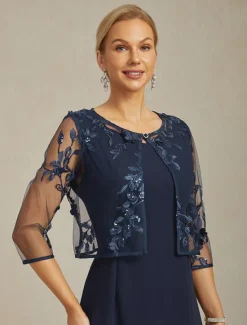 Online Women's Jacket Blazer Lace Embroidered Sequin Illusion Lace Elegant Floral Formal Anniversary Party Wedding Guest Open Front Short Crewneck Regular Fit 3/4 Length Sleeve Outerwear Navy Women Blazers & Suits