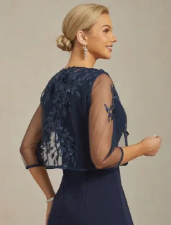 Online Women's Jacket Blazer Lace Embroidered Sequin Illusion Lace Elegant Floral Formal Anniversary Party Wedding Guest Open Front Short Crewneck Regular Fit 3/4 Length Sleeve Outerwear Navy Women Blazers & Suits