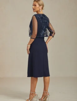 Online Women's Jacket Blazer Lace Embroidered Sequin Illusion Lace Elegant Floral Formal Anniversary Party Wedding Guest Open Front Short Crewneck Regular Fit 3/4 Length Sleeve Outerwear Navy Women Blazers & Suits