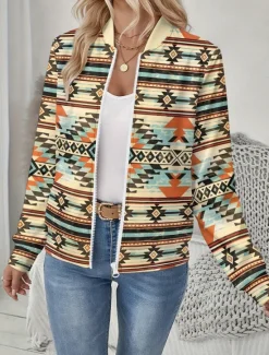 Clearance Women's Jacket Comfortable Print Outdoor Casual Boho Vintage Geometric Vacation Home Casual Daily Wear Short Baseball Collar Regular Fit Long Sleeve Outerwear Black And White Light Yellow Leopard Women Jackets