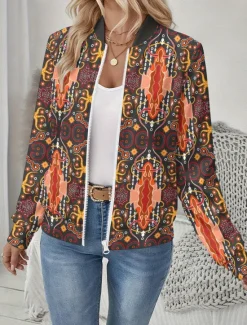 Clearance Women's Jacket Comfortable Print Outdoor Casual Boho Vintage Geometric Vacation Home Casual Daily Wear Short Baseball Collar Regular Fit Long Sleeve Outerwear Black And White Light Yellow Leopard Women Jackets