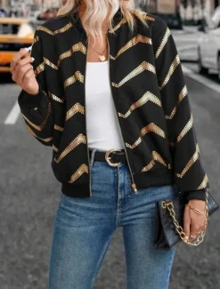 Outlet Women's Jacket Dailywear Zipper Geometric Windproof Vintage Regular Fit Outerwear Long Sleeve Spring S Women Blazers & Suits