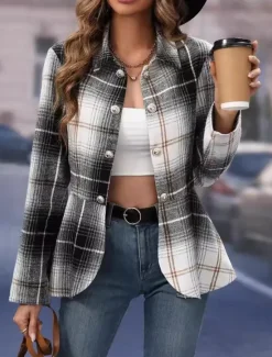 Hot Women's Jacket Party Button Plaid Windproof Fashion Regular Fit Outerwear Long Sleeve Fall S Women Blazers & Suits