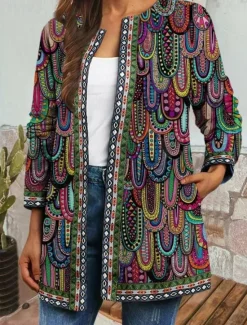 Hot Women's Jacket Party Pocket Geometric Windproof Fashion Regular Fit Outerwear Long Sleeve Fall Colorful M Women Blazers & Suits