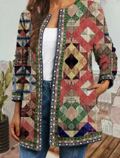 Hot Women's Jacket Party Pocket Geometric Windproof Fashion Regular Fit Outerwear Long Sleeve Fall Colorful M Women Blazers & Suits