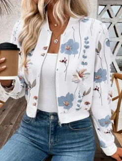 New Women's Jacket Party Zipper Floral Windproof Fashion Regular Fit Outerwear Long Sleeve Fall S Women Blazers & Suits