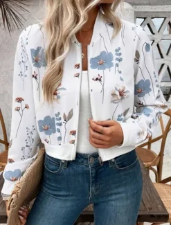 New Women's Jacket Party Zipper Floral Windproof Fashion Regular Fit Outerwear Long Sleeve Fall S Women Blazers & Suits