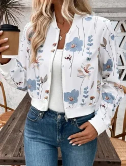 New Women's Jacket Party Zipper Floral Windproof Fashion Regular Fit Outerwear Long Sleeve Fall S Women Blazers & Suits