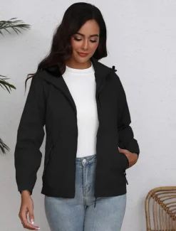 Discount Women's Jacket Trench Coat School Zipper Solid Color Waterproof Simple Regular Fit Outerwear Long Sleeve Fall Black S Women Jackets