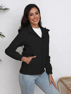 Discount Women's Jacket Trench Coat School Zipper Solid Color Waterproof Simple Regular Fit Outerwear Long Sleeve Fall Black S Women Jackets