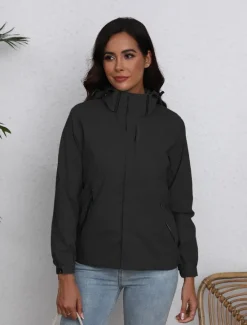 Discount Women's Jacket Trench Coat School Zipper Solid Color Waterproof Simple Regular Fit Outerwear Long Sleeve Fall Black S Women Jackets