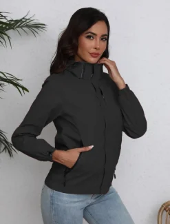 Discount Women's Jacket Trench Coat School Zipper Solid Color Waterproof Simple Regular Fit Outerwear Long Sleeve Fall Black S Women Jackets