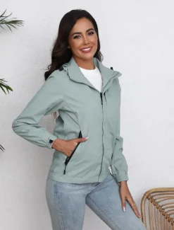 Discount Women's Jacket Trench Coat School Zipper Solid Color Waterproof Simple Regular Fit Outerwear Long Sleeve Fall Black S Women Jackets