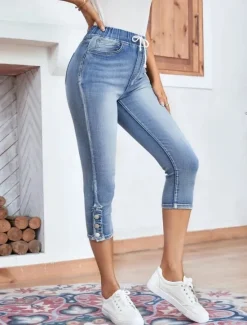 Women's Jeans Chinos Vacation Vintage Fashion Calf-Length High Waist Plain Pocket Comfy Soft Comfortable Stretchy Outdoor Street Summer Regular Fit Women Jeans