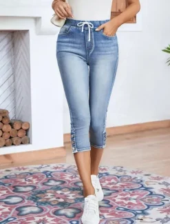 Women's Jeans Chinos Vacation Vintage Fashion Calf-Length High Waist Plain Pocket Comfy Soft Comfortable Stretchy Outdoor Street Summer Regular Fit Women Jeans