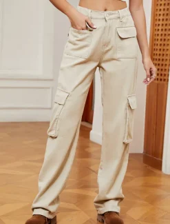 Sale Women's Jeans Classic & Timeless Formal Full Length Medium Waist Plain Zipper Pocket Breathability Comfortable Micro-elastic Daily milk white Green Dark Blue Fall Winter Loose Fit Women Pants