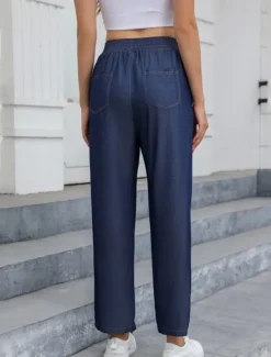 Sale Women's Jeans Linen Pants Pants Trousers Lightweight Casual Full Length Mid Rise Plain Pocket Breathability Comfortable Inelastic Home Casual Daily Light Sky Blue Navy Summer Spring Regular Fit Women Pants